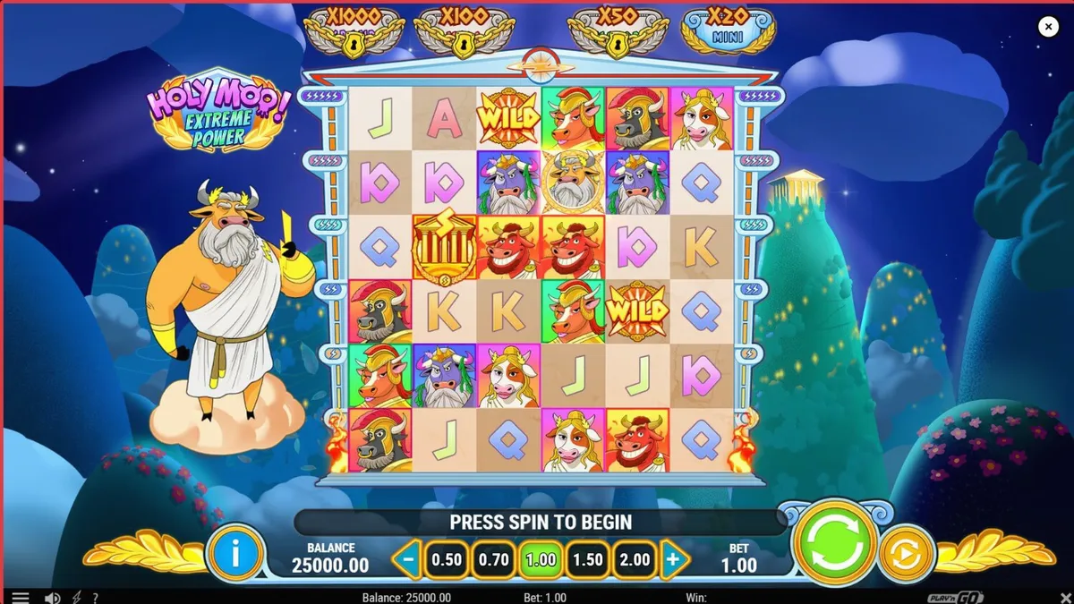 Tampilan visual slot Holy Moo! Extreme Power dengan karakter dewa sapi