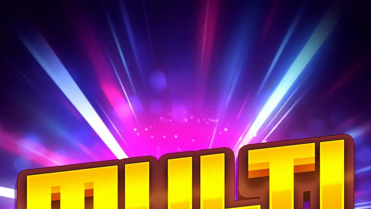 Tampilan antarmuka slot Multi Rush dengan simbol buah neon dan grid cluster pays